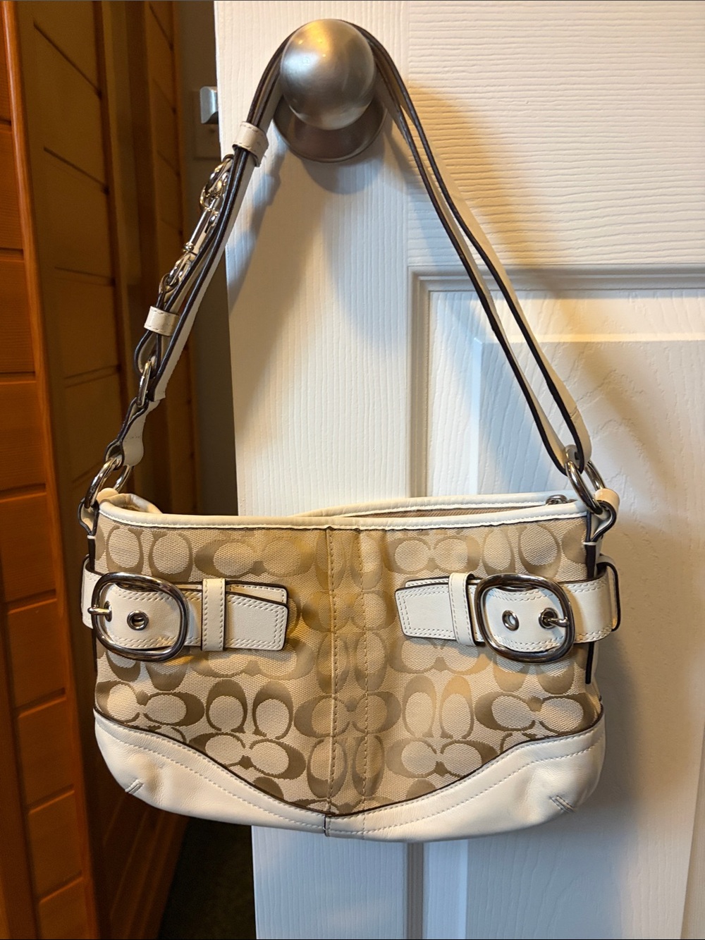 Coach Beige and White Signature Shoulder Bag